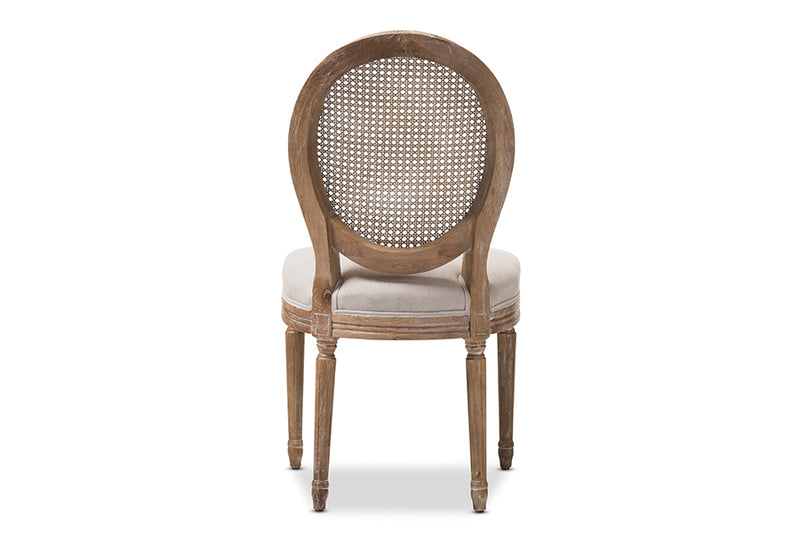 Alina French Vintage Cottage Weathered Oak Finish Wood and Beige Fabric Upholstered Dining Side Chair w/Round Cane Back