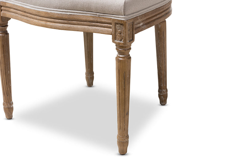 Alina French Vintage Cottage Weathered Oak Finish Wood and Beige Fabric Upholstered Dining Side Chair w/Round Cane Back