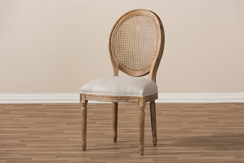 Alina French Vintage Cottage Weathered Oak Finish Wood and Beige Fabric Upholstered Dining Side Chair w/Round Cane Back