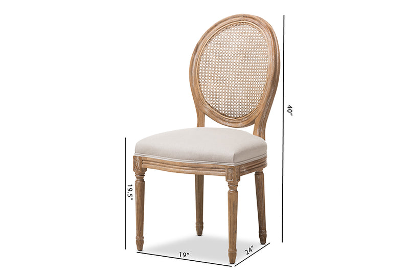 Alina French Vintage Cottage Weathered Oak Finish Wood and Beige Fabric Upholstered Dining Side Chair w/Round Cane Back