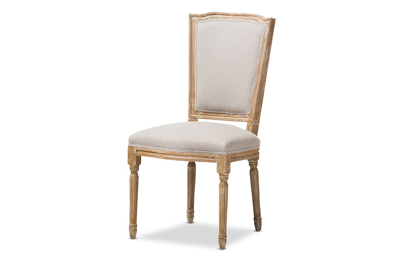 Alonza French Vintage Cottage Weathered Oak Finish Wood and Beige Fabric Upholstered Dining Side Chair