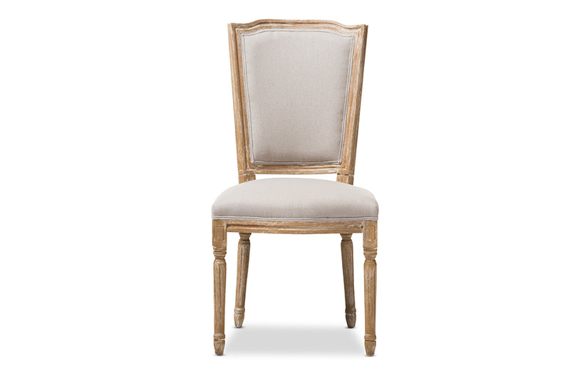 Alonza French Vintage Cottage Weathered Oak Finish Wood and Beige Fabric Upholstered Dining Side Chair