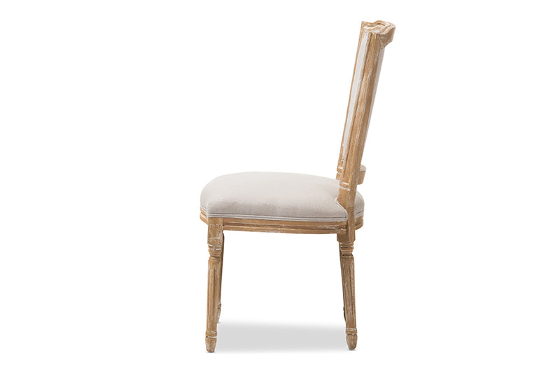 Alonza French Vintage Cottage Weathered Oak Finish Wood and Beige Fabric Upholstered Dining Side Chair