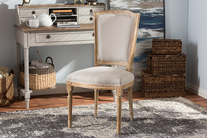 Alonza French Vintage Cottage Weathered Oak Finish Wood and Beige Fabric Upholstered Dining Side Chair