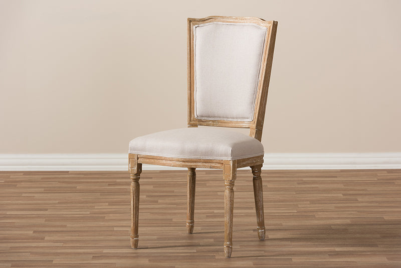 Alonza French Vintage Cottage Weathered Oak Finish Wood and Beige Fabric Upholstered Dining Side Chair