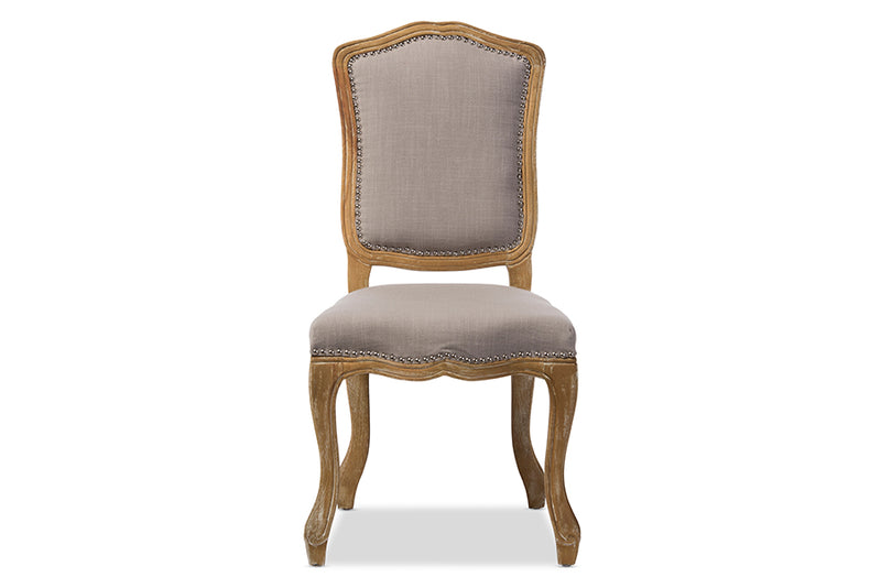 Gervais French Vintage Cottage Weathered Oak Beige Fabric Upholstered Dining Side Chair