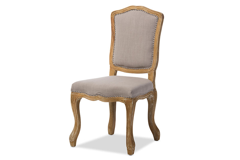 Gervais French Vintage Cottage Weathered Oak Beige Fabric Upholstered Dining Side Chair