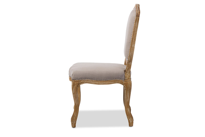 Gervais French Vintage Cottage Weathered Oak Beige Fabric Upholstered Dining Side Chair