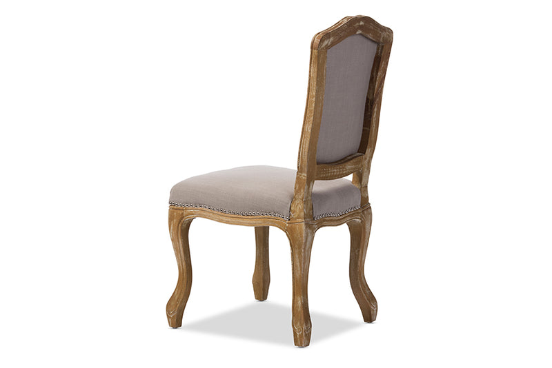 Gervais French Vintage Cottage Weathered Oak Beige Fabric Upholstered Dining Side Chair