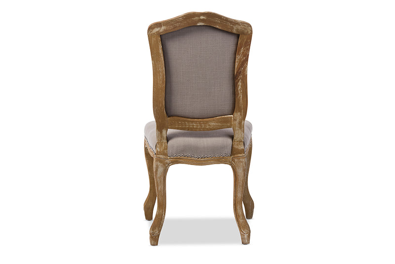 Gervais French Vintage Cottage Weathered Oak Beige Fabric Upholstered Dining Side Chair