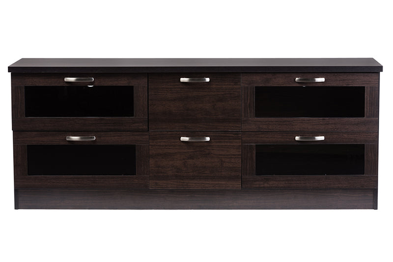 Aliya 63 Inches Dark Brown Wood TV Cabinet w/4 Glass Doors and 2 Drawers