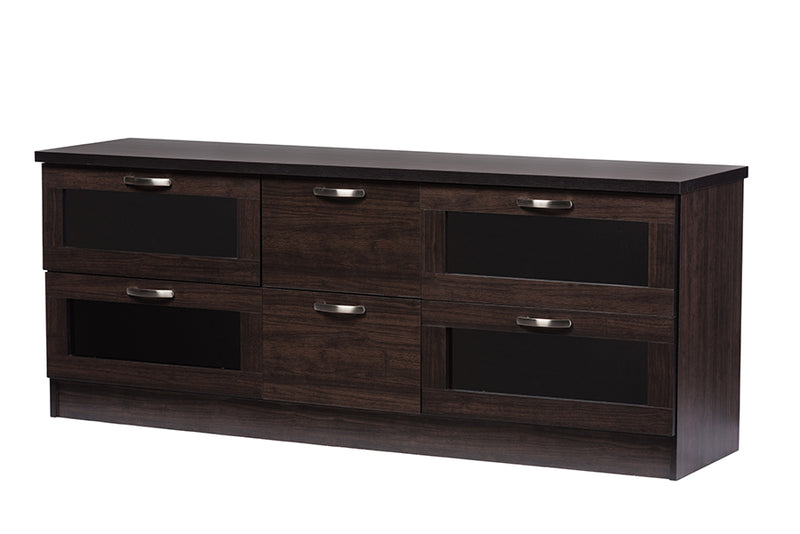 Aliya 63 Inches Dark Brown Wood TV Cabinet w/4 Glass Doors and 2 Drawers