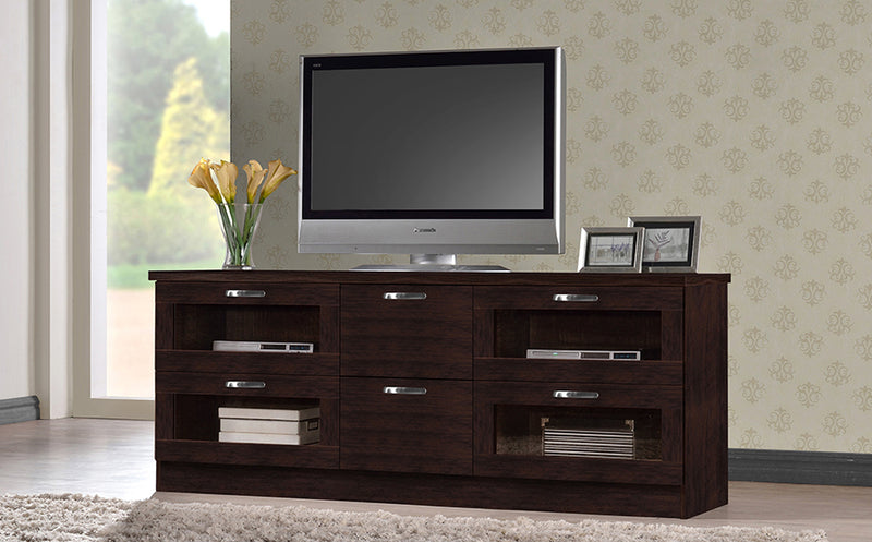 Aliya 63 Inches Dark Brown Wood TV Cabinet w/4 Glass Doors and 2 Drawers