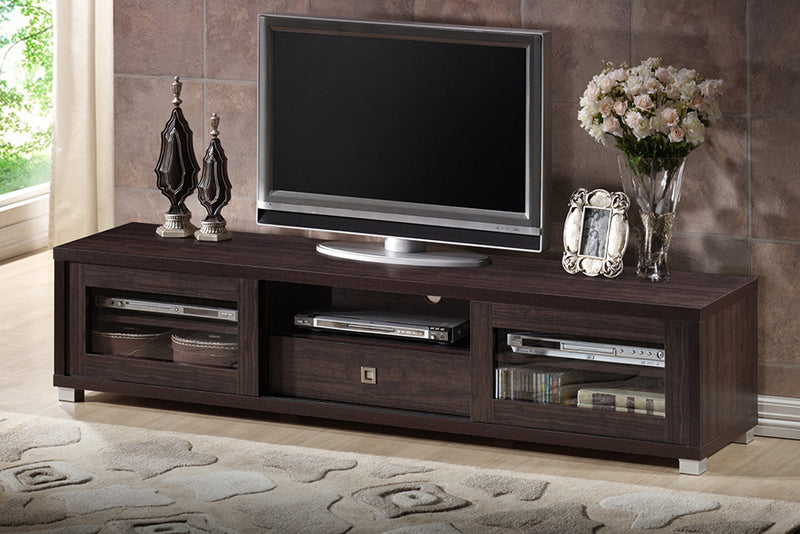 Umar 70-Inch Dark Brown TV Cabinet w/2 Sliding Doors and Drawer