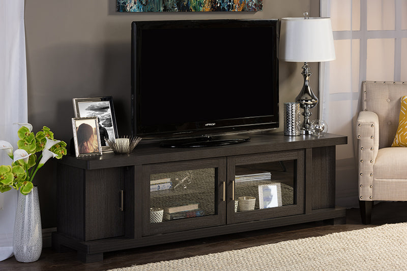 Rinjani 70-Inch Greyish Dark Brown Wood TV Cabinet w/2 Glass Doors and 2 Doors