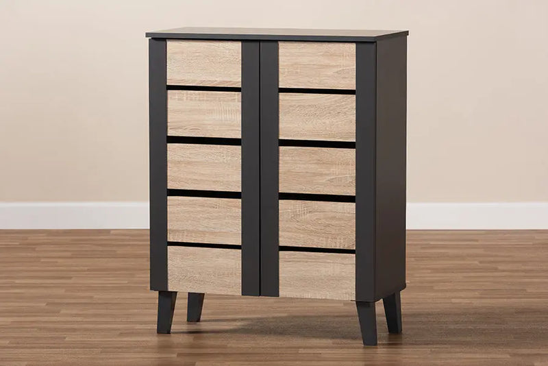 Valina Two-Tone Oak Brown/Dark Gray 2-Door Wood Entryway Shoe Storage Cabinet iHome Studio