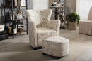 Edna French Script Patterned Beige Fabric Club Chair and Ottoman Set Baxton