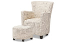 Edna French Script Patterned Beige Fabric Club Chair and Ottoman Set Baxton