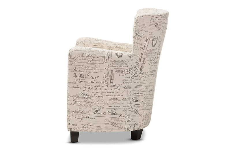 Edna French Script Patterned Beige Fabric Club Chair and Ottoman Set Baxton