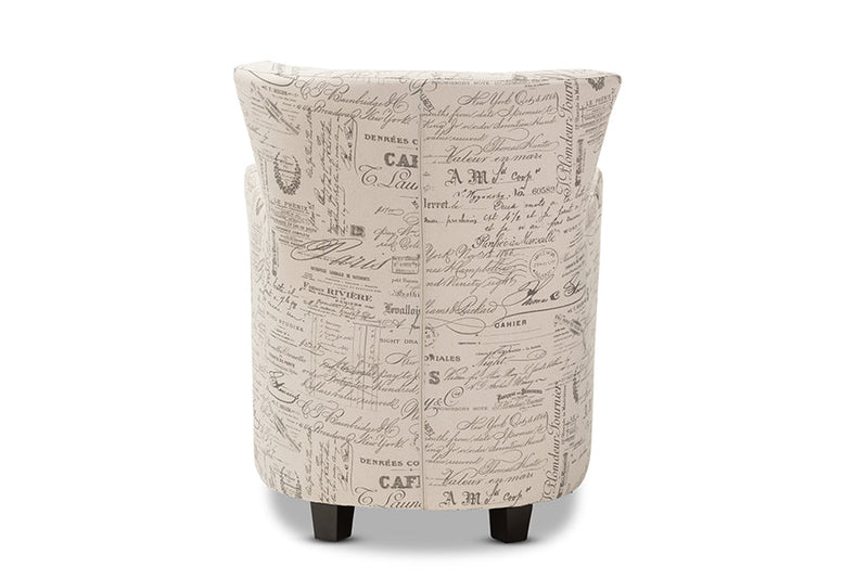 Edna French Script Patterned Beige Fabric Club Chair and Ottoman Set Baxton