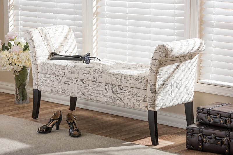 Aimi Script-Patterned French Laundry Fabric Storage Bench