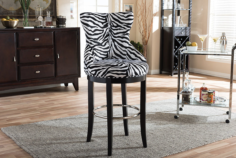 Boone Zebra-print Patterned Fabric Upholstered Bar Stool w/Metal Footrest Baxton
