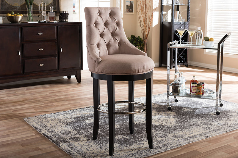 Matiese Modern and Contemporary Button-tufted Beige Fabric Upholstered Bar Stool w/Metal Footrest