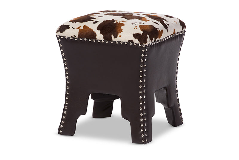 Ruth Modern and Contemporary Cow-print Patterned Fabric Brown Faux Leather Upholstered Accent Stool w/Nail heads