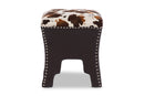 Ruth Cow-print Patterned Fabric Brown Faux Leather Accent Stool w/Nail heads Baxton