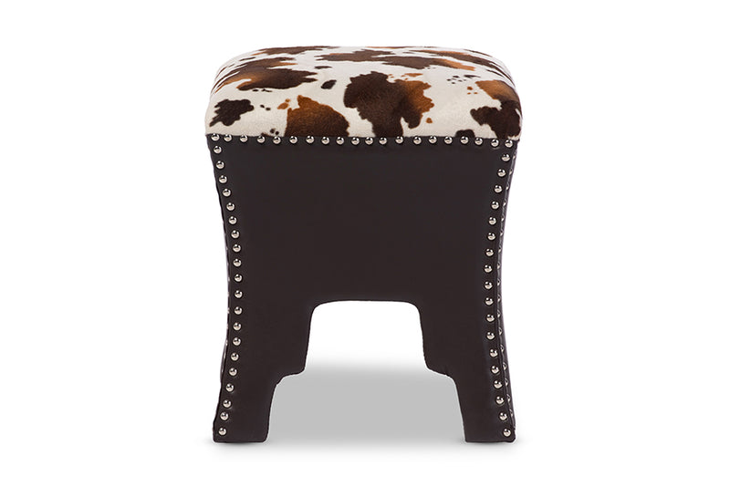 Ruth Modern and Contemporary Cow-print Patterned Fabric Brown Faux Leather Upholstered Accent Stool w/Nail heads