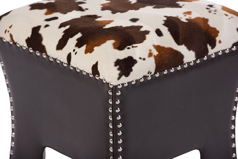 Ruth Modern and Contemporary Cow-print Patterned Fabric Brown Faux Leather Upholstered Accent Stool w/Nail heads