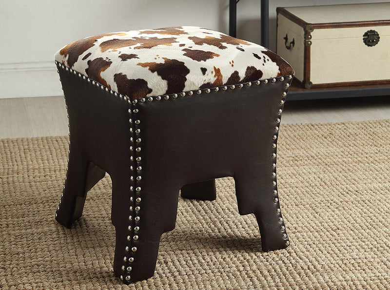 Ruth Modern and Contemporary Cow-print Patterned Fabric Brown Faux Leather Upholstered Accent Stool w/Nail heads