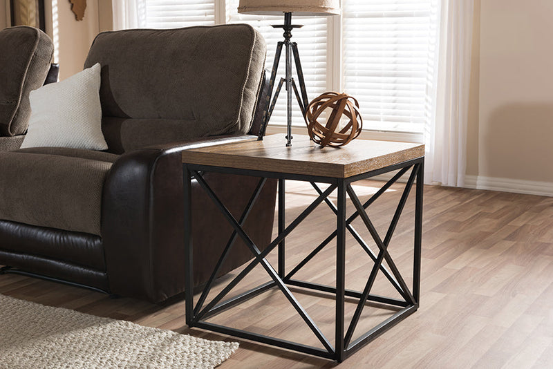 Junius Industrial Antique Bronze End Table w/Geometric Patterns Base Baxton