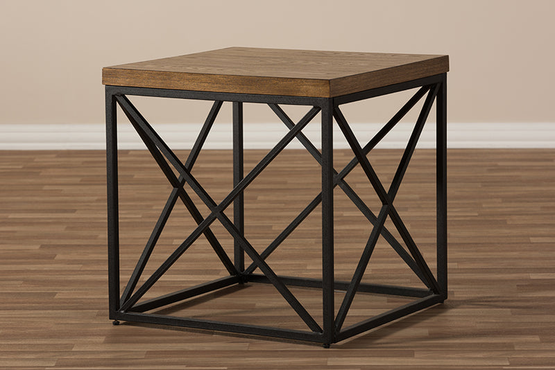 Junius Vintage Industrial Antique Bronze End Table w/Geometric Patterns Base