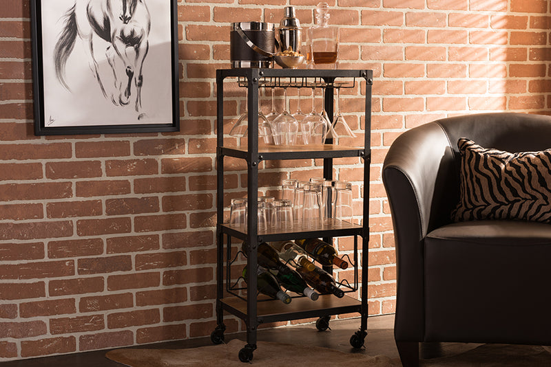 Brown Rustic Industrial Style Antique Black Textured Finish Metal Distressed Wine Storage Shelf