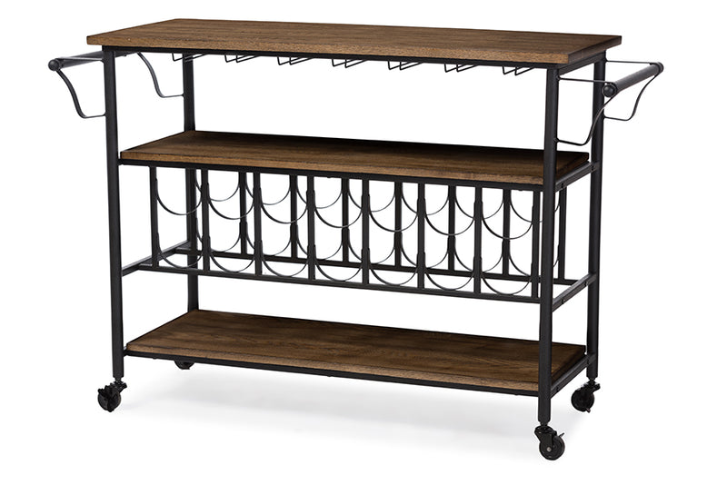 Karavo Rustic Antique Black Textured Finish Metal Distressed Wood Mobile Kitchen Bar Serving Wine Cart