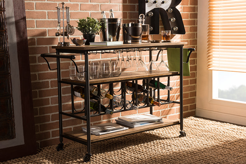 Karavo Rustic Antique Black Textured Finish Metal Distressed Wood Mobile Kitchen Bar Serving Wine Cart