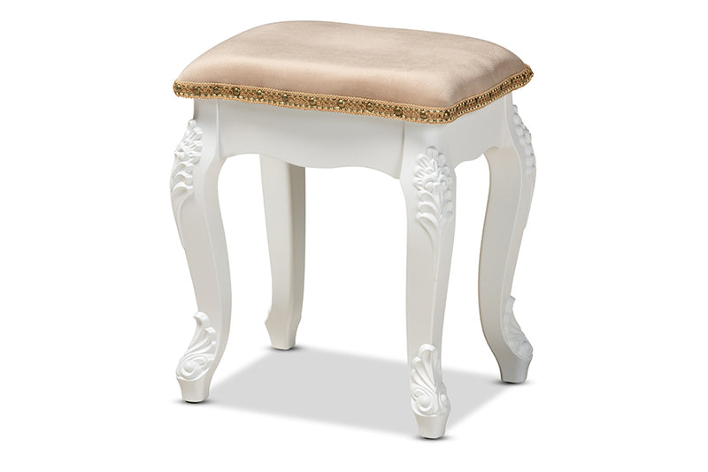 Geneva Beige Velvet Fabric Upholstered/White Finished Wood Ottoman Stool iHome Studio