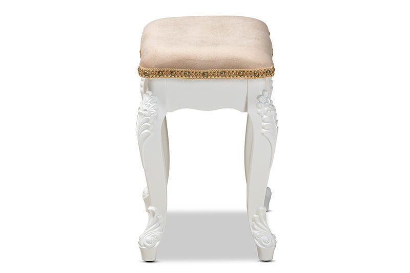 Geneva Beige Velvet Fabric Upholstered/White Finished Wood Ottoman Stool iHome Studio