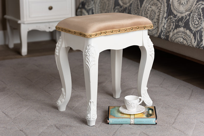 Geneva Beige Velvet Fabric Upholstered/White Finished Wood Ottoman Stool iHome Studio