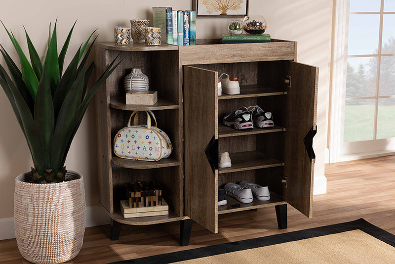 Larissa Rustic Oak Finished Wood 2-Door Shoe Storage Cabinet w/Open Shelves iHome Studio