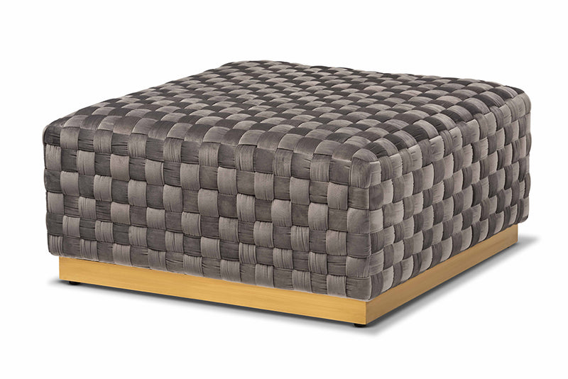 Paris Grey Velvet Fabric Upholstered/Gold Finished Square Cocktail Ottoman iHome Studio