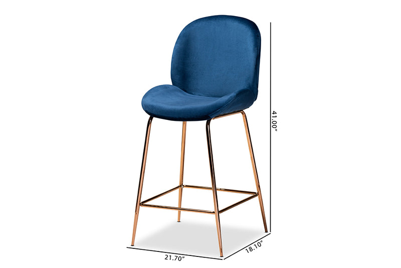 Vancey 2pcs Navy Blue Velvet Fabric Upholstered Rose Gold Finished Metal Counter Stool iHome Studio