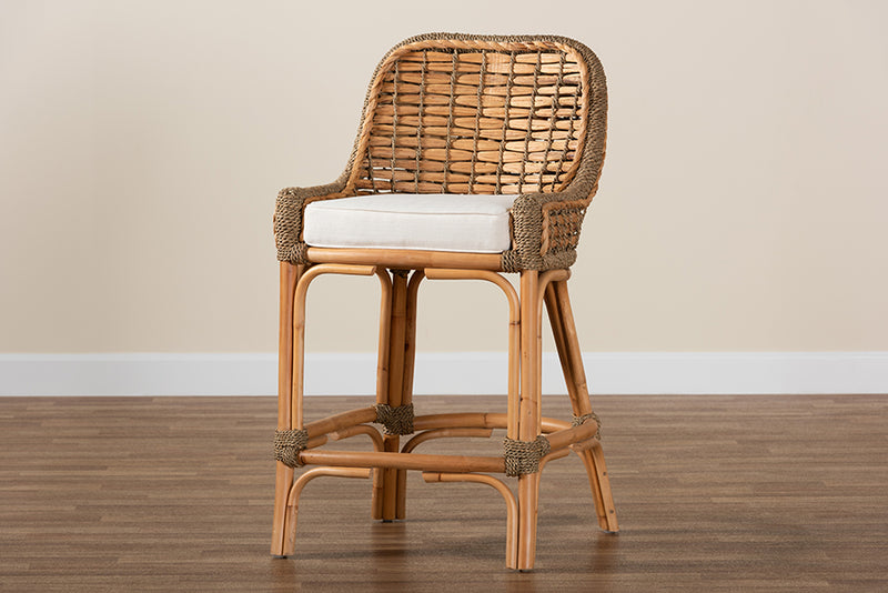 Skylar Natural Brown Woven Rattan Counter Stool with Cushion iHome Studio