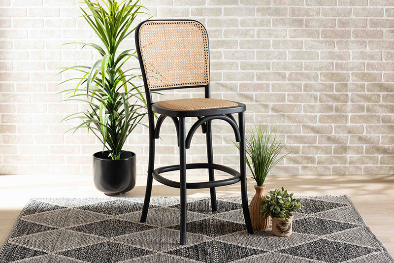 Valerie Brown Woven Rattan Black Wood Cane Counter Stool iHome Studio