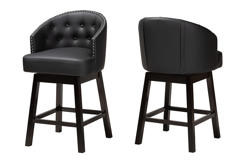 Juliet 2pcs Black Faux Leather Espresso Brown Finished Wood Swivel Counter Stool iHome Studio