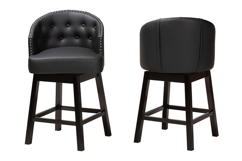 Juliet 2pcs Black Faux Leather Espresso Brown Finished Wood Swivel Counter Stool iHome Studio