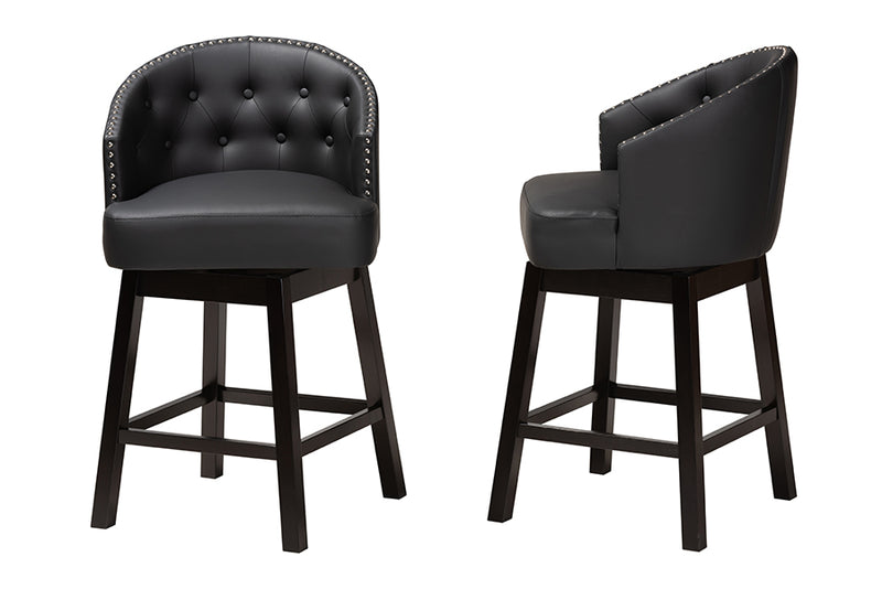 Juliet 2pcs Black Faux Leather Espresso Brown Finished Wood Swivel Counter Stool iHome Studio