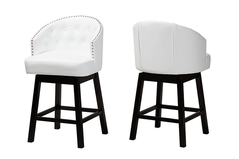 Juliet 2pcs White Faux Leather Espresso Brown Finished Wood Swivel Counter Stool iHome Studio