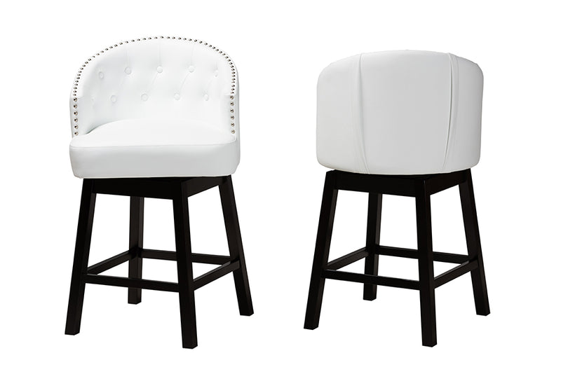 Juliet 2pcs White Faux Leather Espresso Brown Finished Wood Swivel Counter Stool iHome Studio